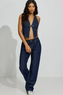 Fashion Buckled Denim Halter Top Tank Tops