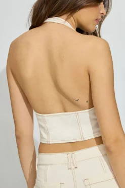 Online Buckled Denim Halter Top Tank Tops