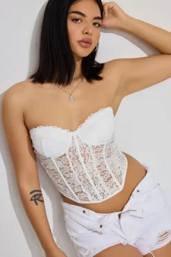 Shop Chrishell Lace Mesh Bustier Tank Tops