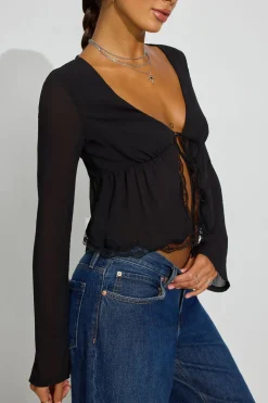 Best Sale Georgette Lace Trim Flyaway Top Long Sleeve Tops