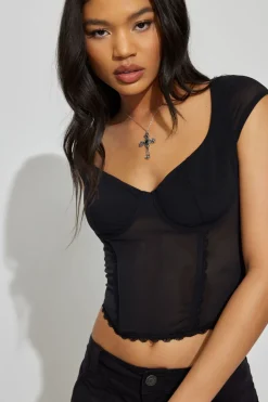 Fashion Milan Mesh Tie Back Bustier Short Sleeve Tops