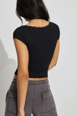 Clearance Myla Scoop Neck Lace Trim Rib Tee Short Sleeve Tops