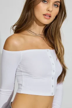 Discount Off Shoulder Snap Front Top Long Sleeve Tops
