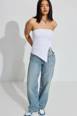Shop Shirred Asymmetric Tube Top Tank Tops