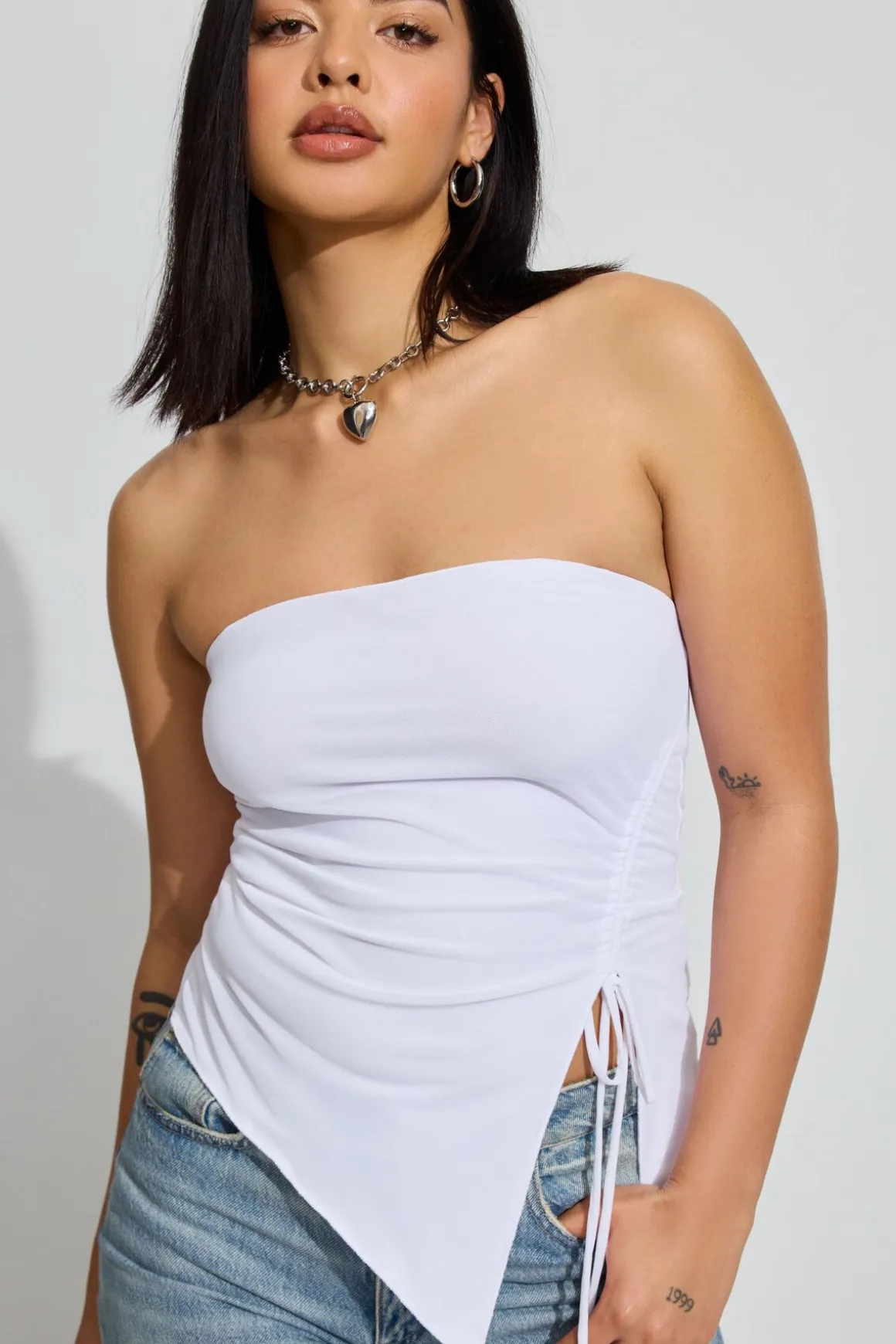 Shop Shirred Asymmetric Tube Top Tank Tops
