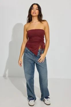 Sale Shirred Asymmetric Tube Top Tank Tops
