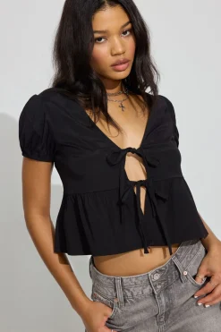 Fashion Tie Front Puff Sleeve Top Short Sleeve Tops