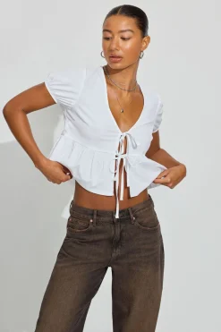 Cheap Tie Front Puff Sleeve Top Short Sleeve Tops
