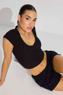Cheap V Neck Ribbed Tee Short Sleeve Tops