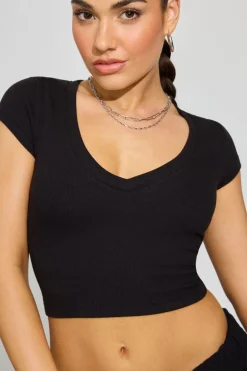 Cheap V Neck Ribbed Tee Short Sleeve Tops