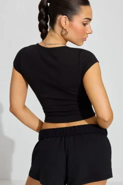 Cheap V Neck Ribbed Tee Short Sleeve Tops