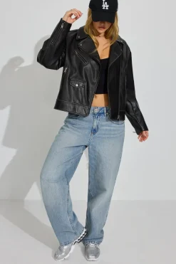 Fashion Washed Faux Leather Biker Jacket Faux Leather Jackets|Lightweight Jackets