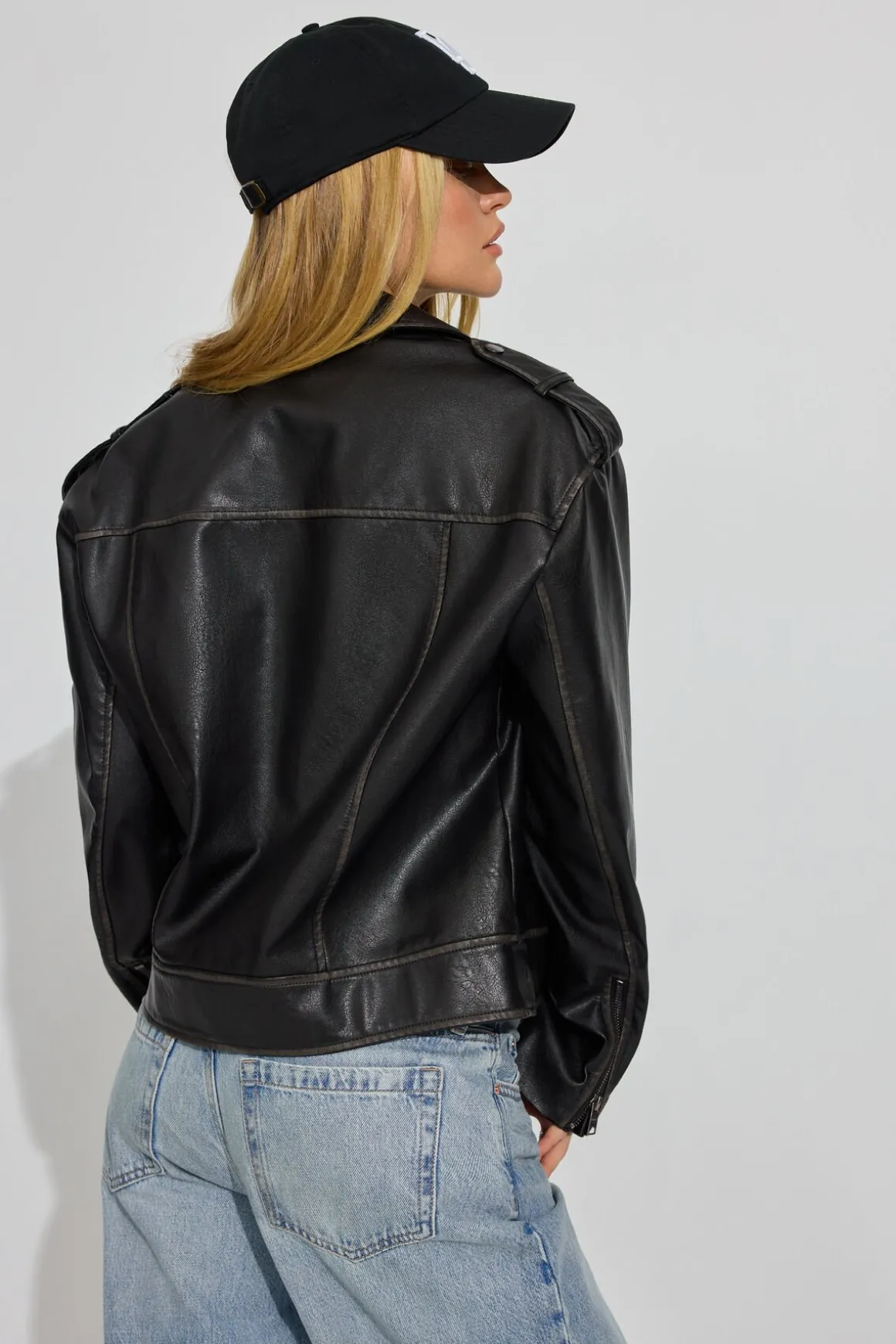 Fashion Washed Faux Leather Biker Jacket Faux Leather Jackets|Lightweight Jackets