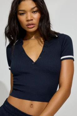 Fashion Wide Rib Short Sleeve Polo Top Sweaters & Cardigans|Short Sleeve Tops